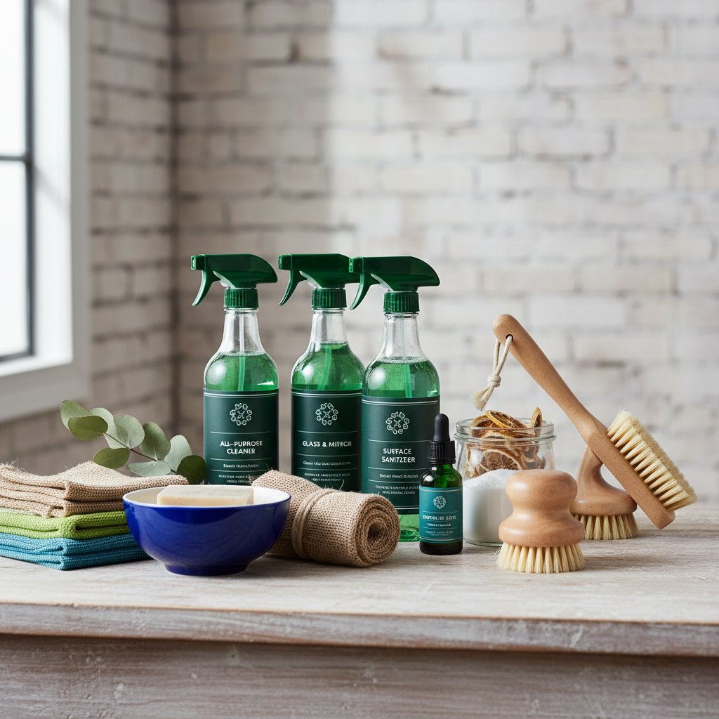 an assortment of green cleaning products and tools, such as spray bottles, microfibre cloths, and wooden brushes, arrang
