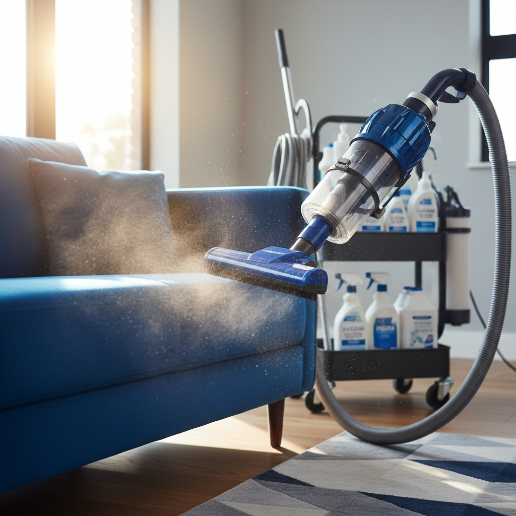 a person using a specialized vacuum cleaner on a sofa, with sunlight illuminating the dust being removed. Professional c