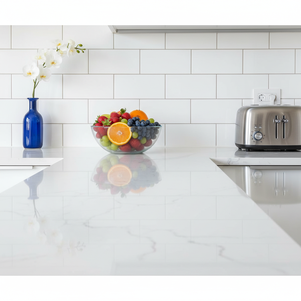 a clean, sparkling kitchen counter with fresh fruit in a bowl, reflecting light. The surfaces are visibly spotless.