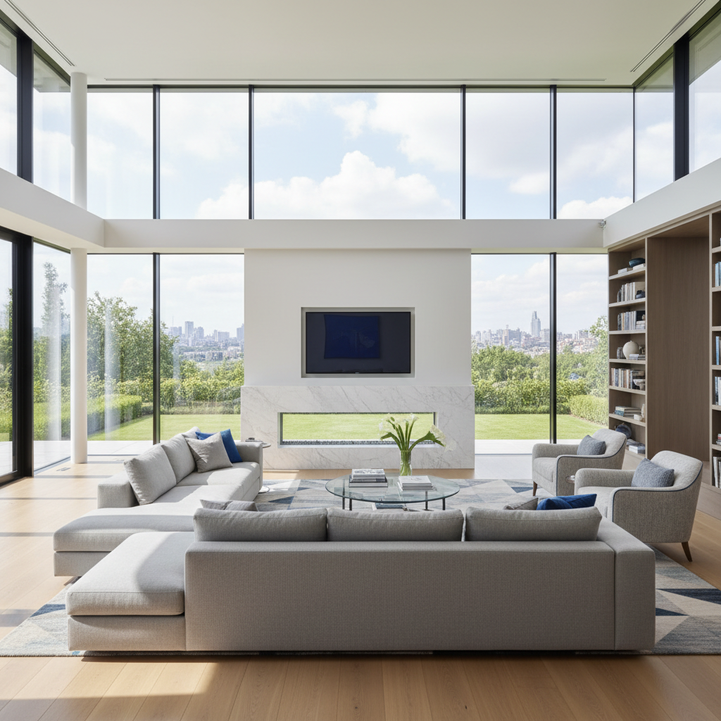 a bright, spacious living room with large windows, showcasing a neat, dust-free environment with plenty of natural light