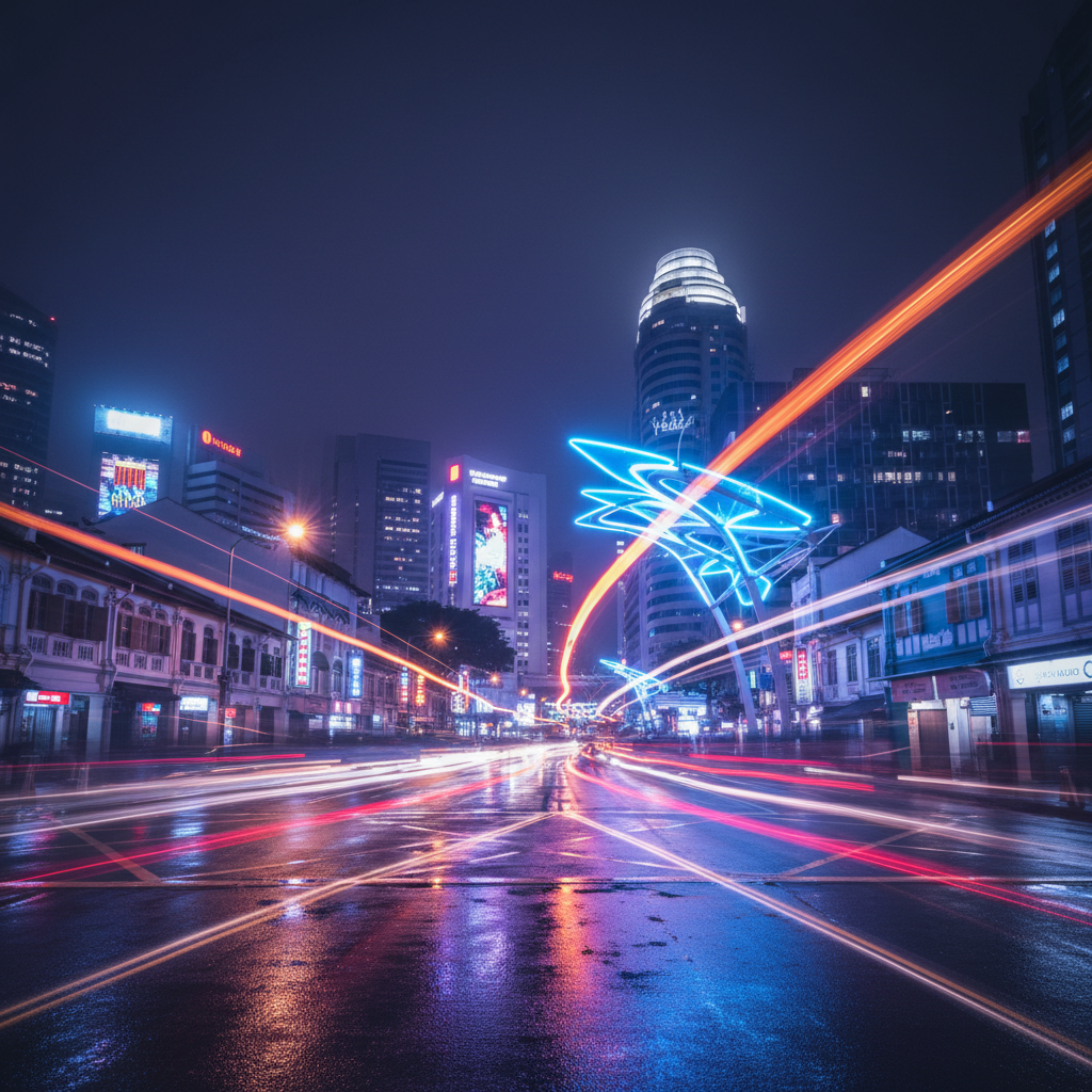 a vibrant, bustling street scene in a nightlife district in Singapore, with blurred lights and a sense of movement, but - Singapore nightlife