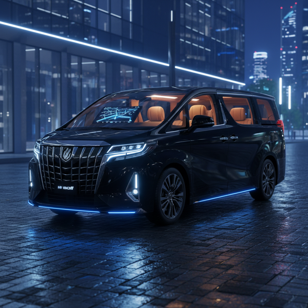 a sleek, modern luxury minivan (like an Alphard or Vellfire) parked at night, with subtle interior lighting, no people, - Singapore nightlife