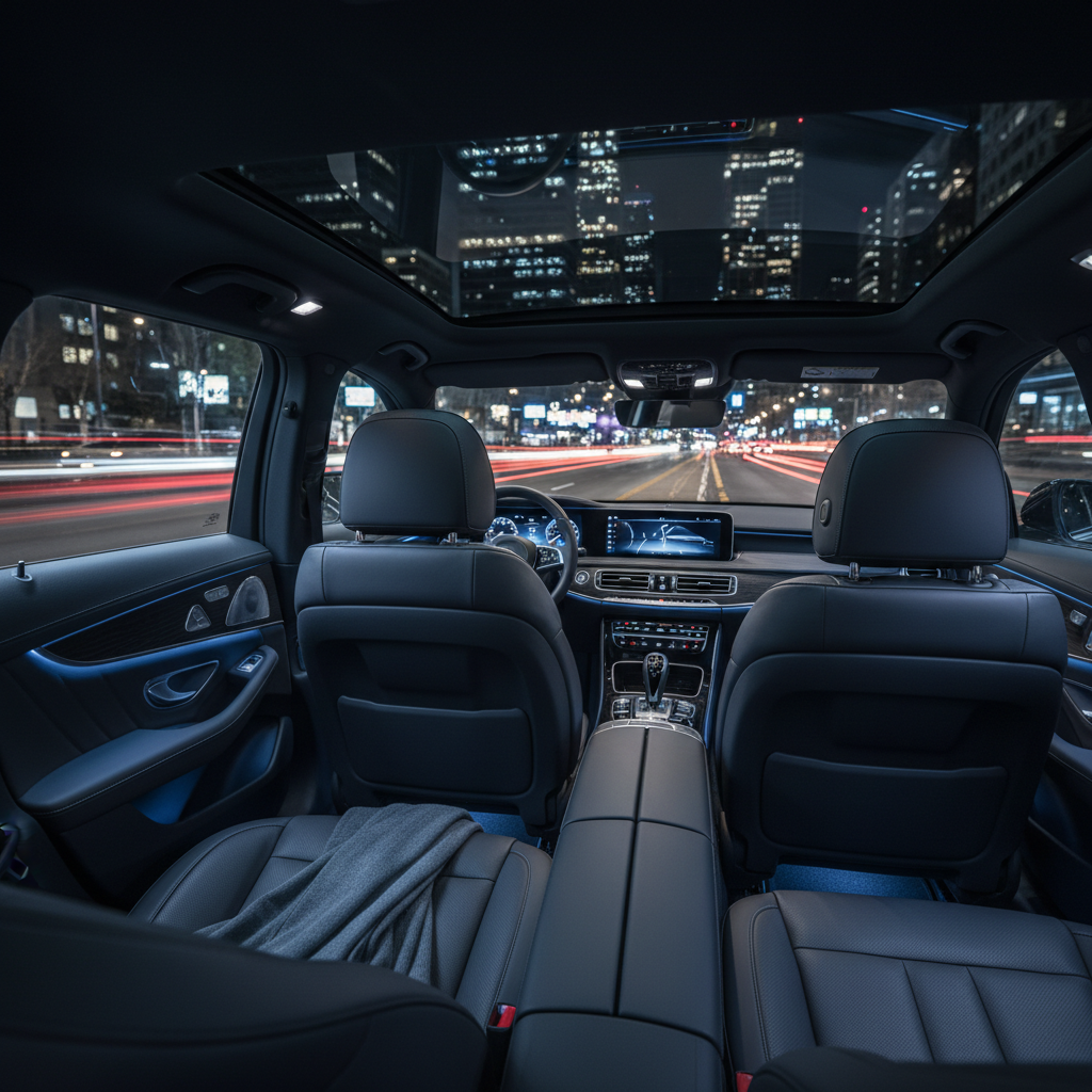a stylish, empty car interior at night, seen from the back seats looking out, with city lights blurred in the background - Singapore nightlife
