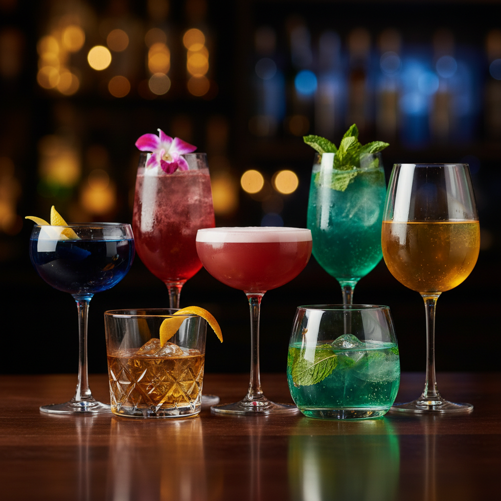 an array of sophisticated cocktail glasses with various drinks, set against a blurred background of a dimly lit, high-en - Singapore nightlife