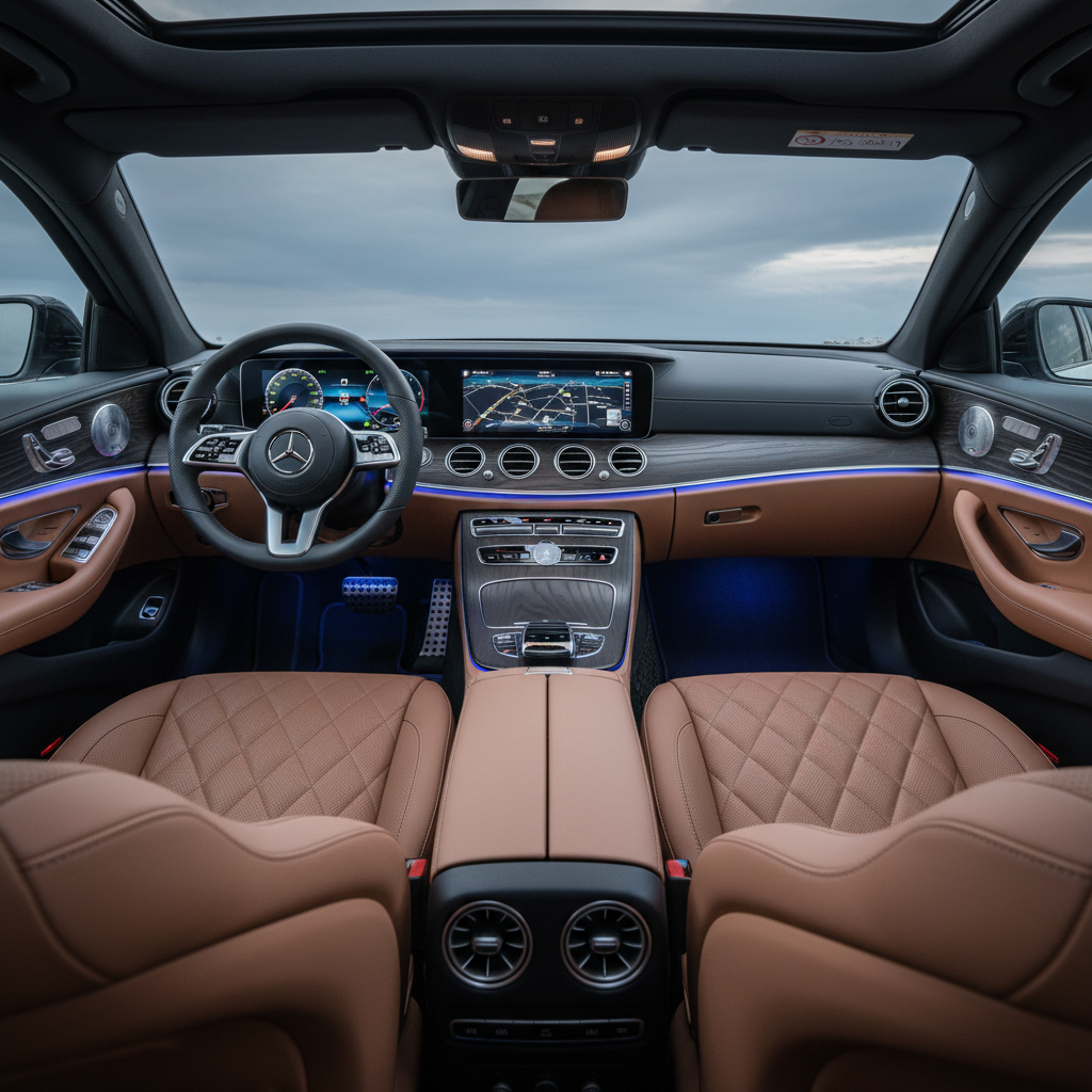 interior view of a modern Mercedes-Benz E-Class with luxurious leather seats and a sophisticated dashboard display, show - Mercedes limousine Singapore