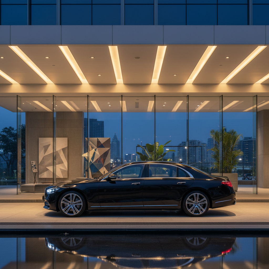 a sophisticated, dark-colored Mercedes-Benz S-Class parked gracefully under the illuminated porte-cochère of a high-end - Mercedes limousine Singapore