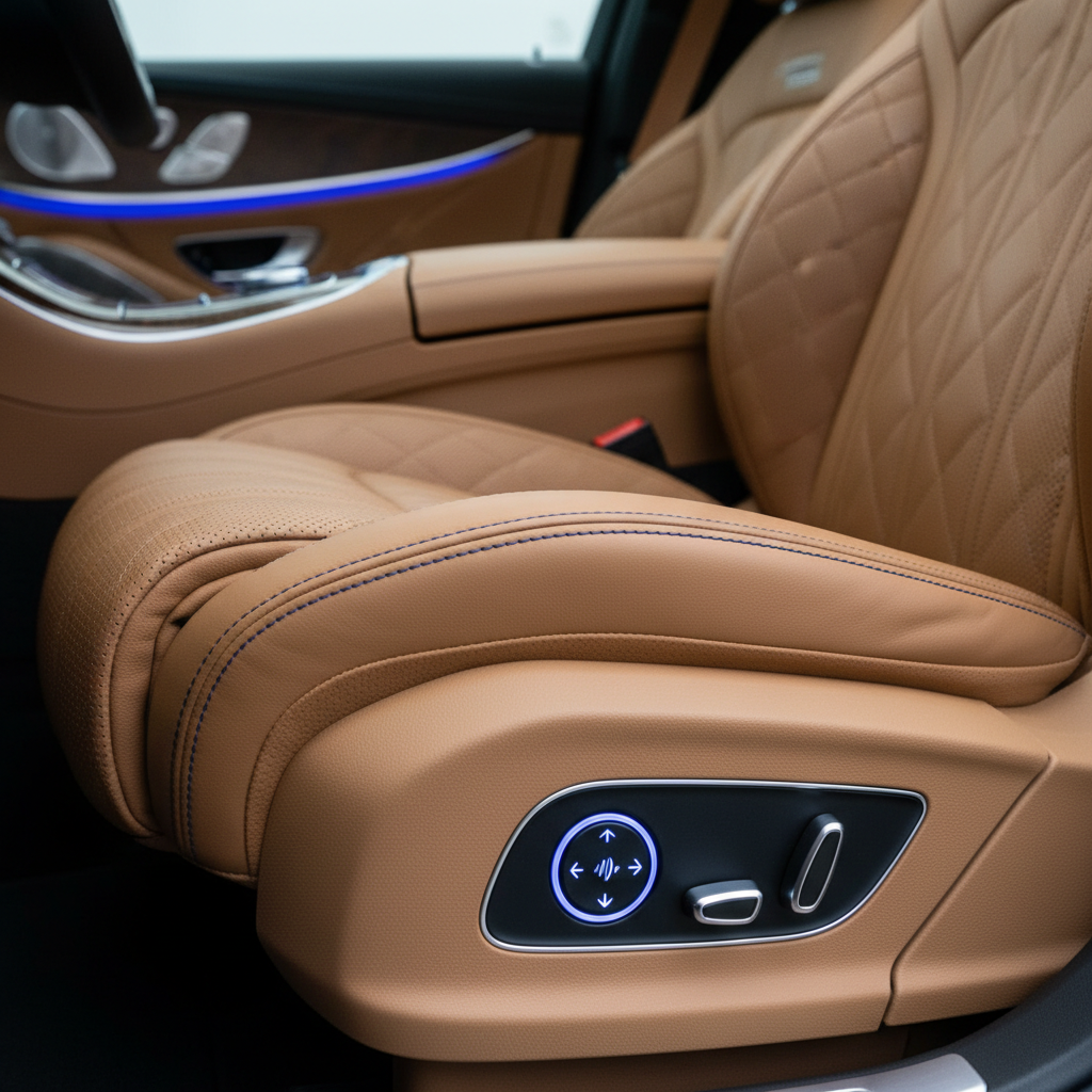 a close-up of a luxurious leather car seat with detailed stitching, possibly featuring a massage function control, illus - Mercedes limousine Singapore