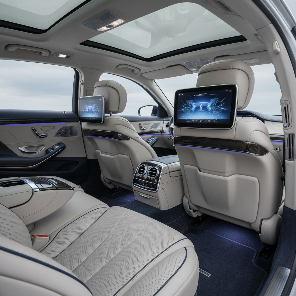 The expansive rear passenger cabin of a Mercedes-Benz S-Class, showcasing individual entertainment screens, plush seatin - Mercedes limousine Singapore
