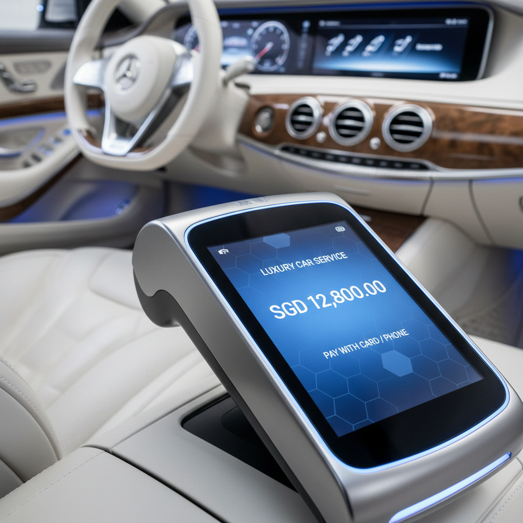 a sleek, modern payment terminal displaying a Singapore dollar amount for a luxury car service, with a blurred image of - Mercedes limousine Singapore