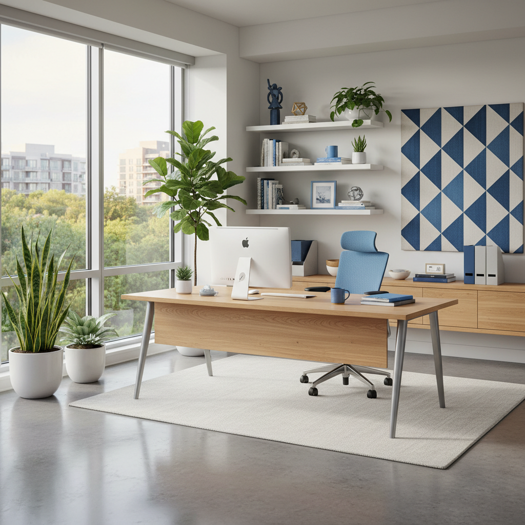 a clean, organized office environment with plants and natural light, ready for work after a general cleaning service
