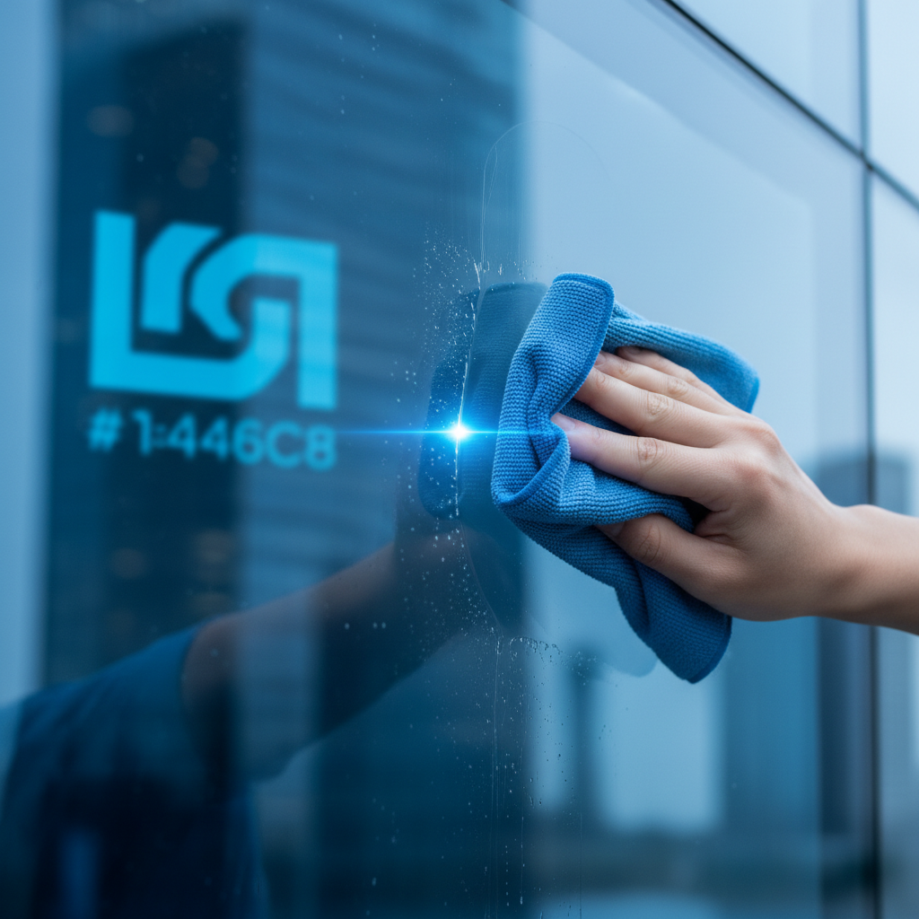 a person cleaning a spotless glass surface with a microfiber cloth, highlighting attention to detail and professional cl