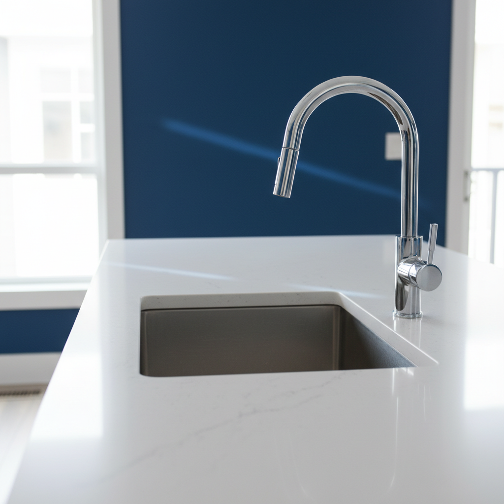 a sparkling clean kitchen countertop with a polished sink and gleaming chrome faucet, no cleaning supplies visible