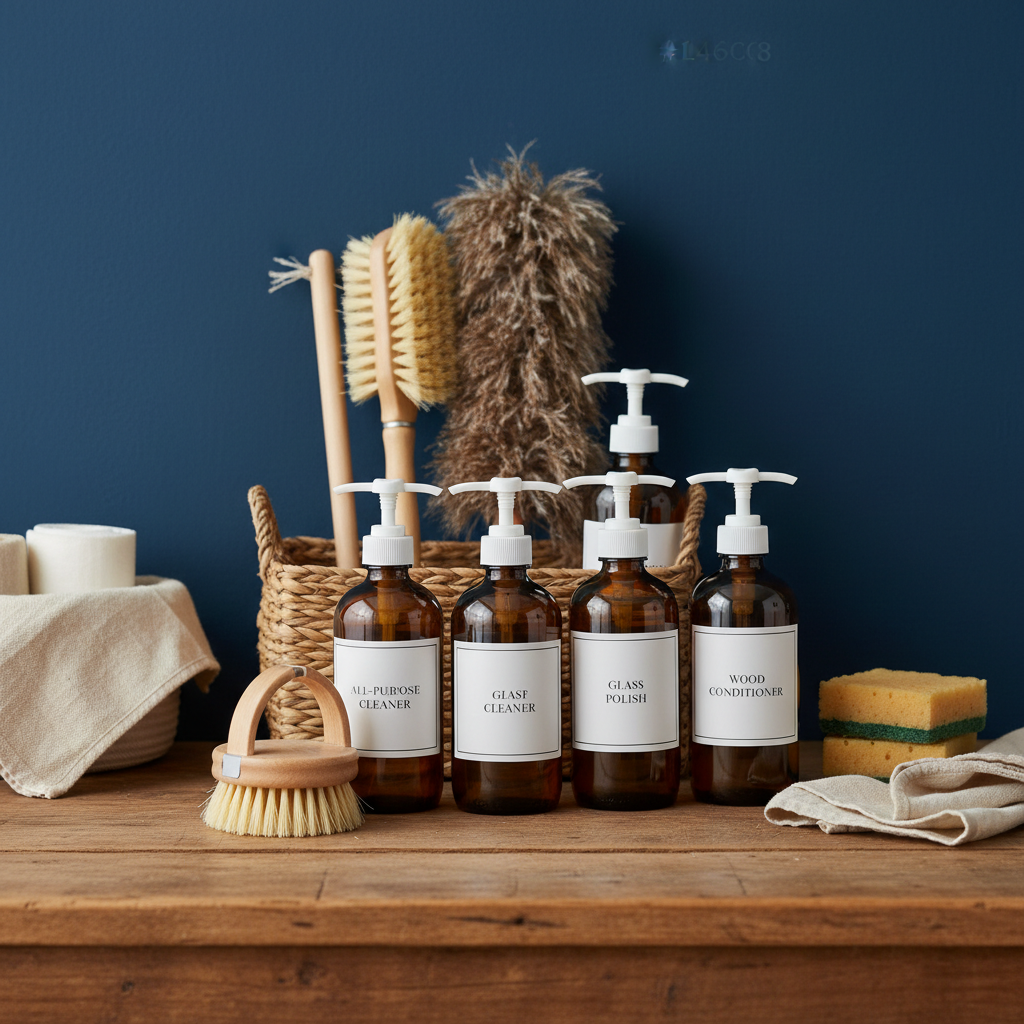 a close-up of a professional cleaning tool kit with various eco-friendly cleaning solutions and brushes, suggesting expe