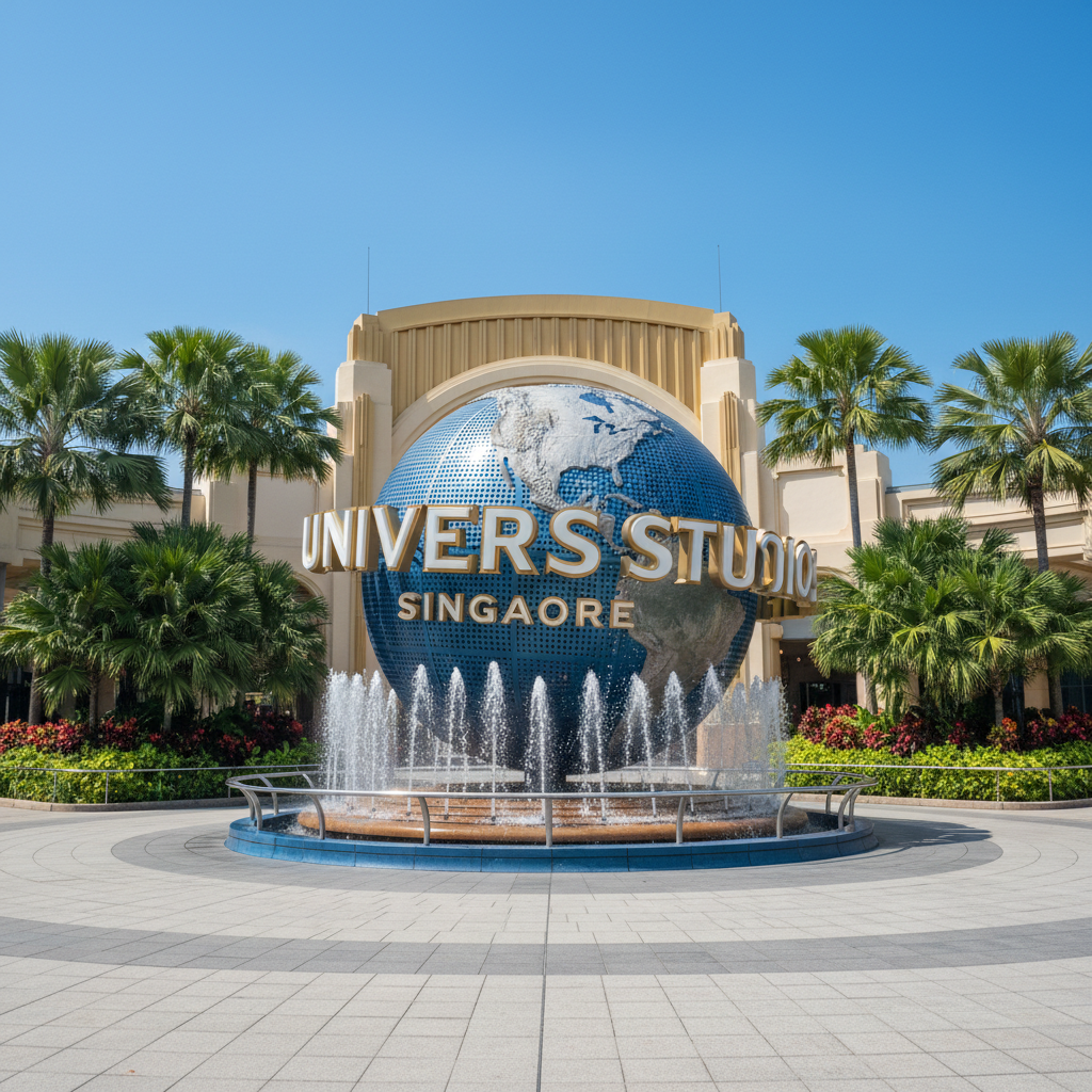 the iconic Universal Studios Singapore globe entrance with lush tropical foliage and clear blue skies, no people. STRICT - theme parks Singapore