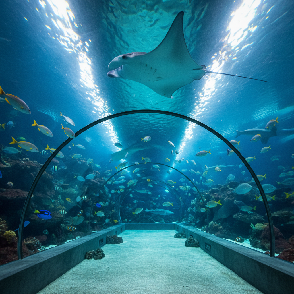 a serene underwater scene inside a large aquarium tunnel, with various colorful fish and a graceful manta ray swimming a - theme parks Singapore