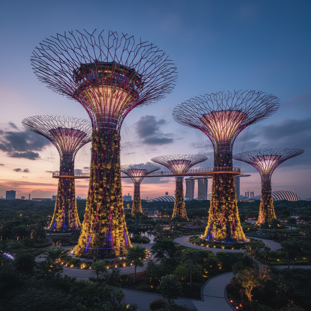 the iconic Supertree Grove at Gardens by the Bay, illuminated at dusk, with architectural tree structures reaching towar - theme parks Singapore