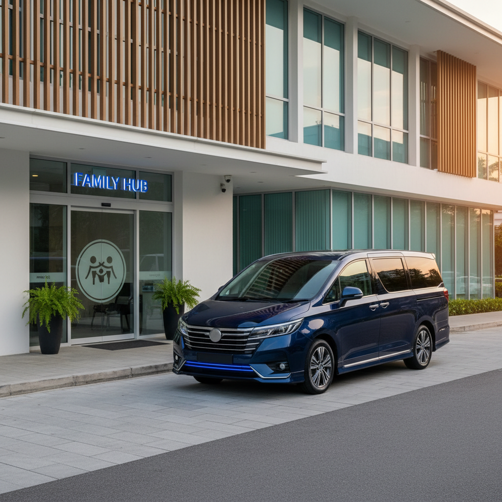 a sleek, modern 7-seater maxicab parked outside a generic, clean family-friendly building entrance in Singapore, no peop - theme parks Singapore