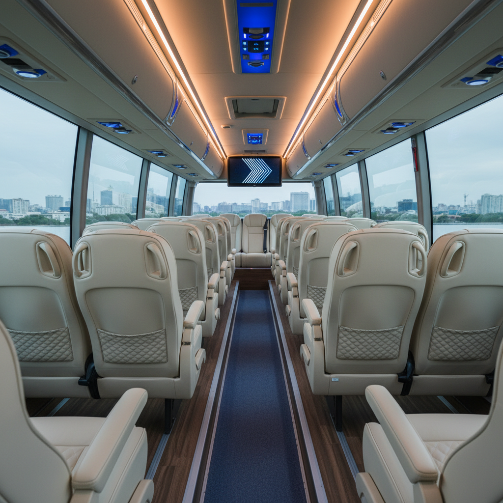 the spacious, clean interior of a luxury minbus or maxicab, featuring comfortable leather seats and ample legroom, with - theme parks Singapore