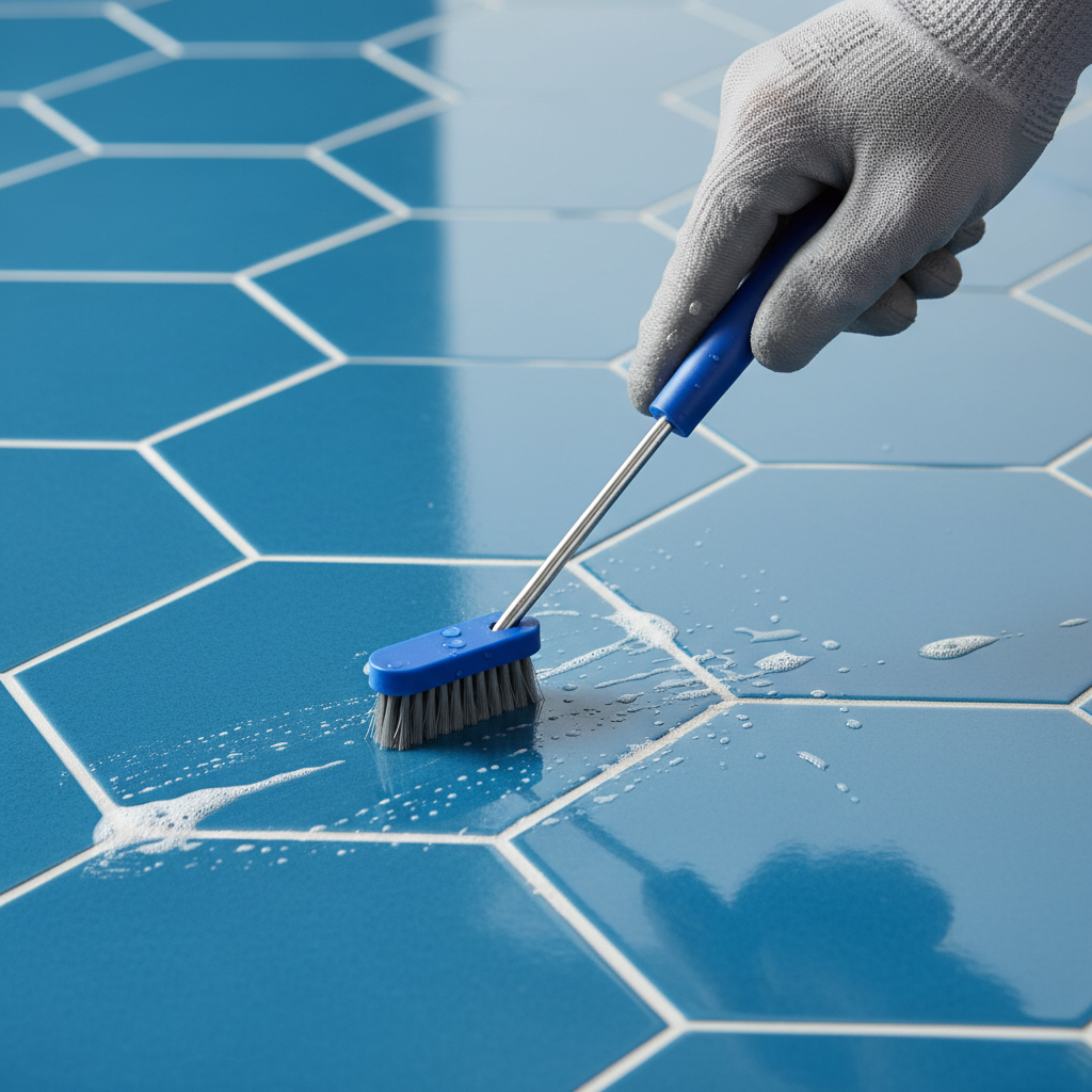 close-up of a hand using a precision cleaning tool to scrub grout in a sparkling tile floor