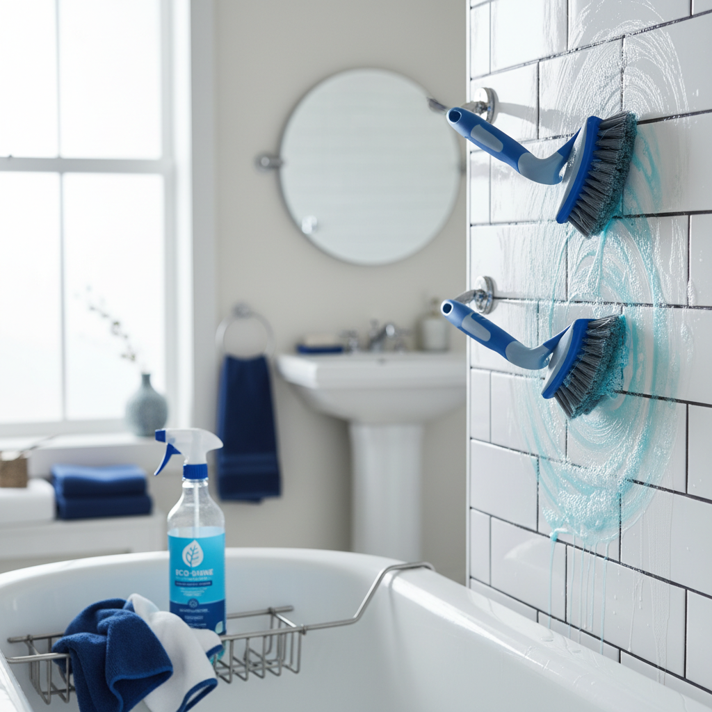 a professional cleaner meticulously scrubbing a bathroom tile wall with specialized brushes and eco-friendly cleaning so