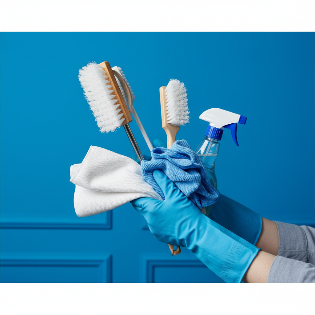 a close-up of gloved hands holding various cleaning tools like brushes and microfiber cloths, arranged neatly