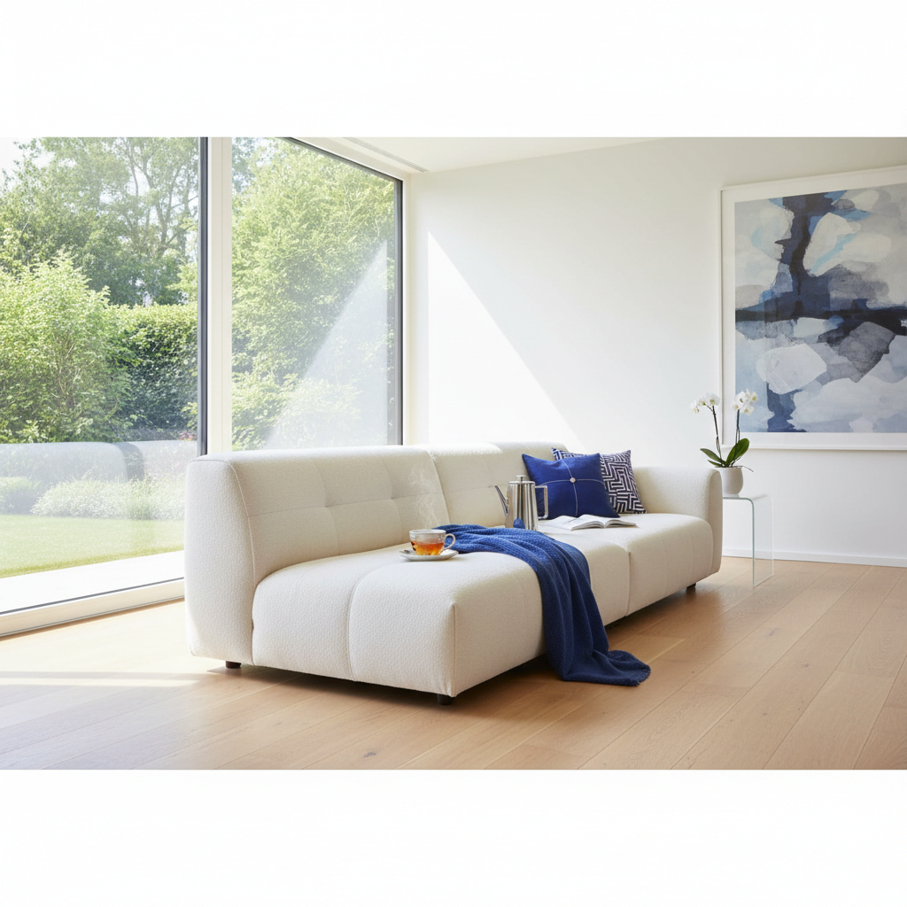 a serene image of a person relaxing on a clean, minimalist sofa, enjoying a cup of tea in a sparkling home