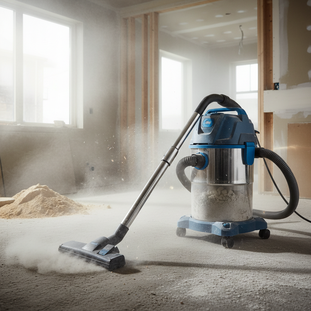 a commercial-grade HEPA vacuum cleaner operating in a dusty, newly renovated room, highlighting dust particles being rem
