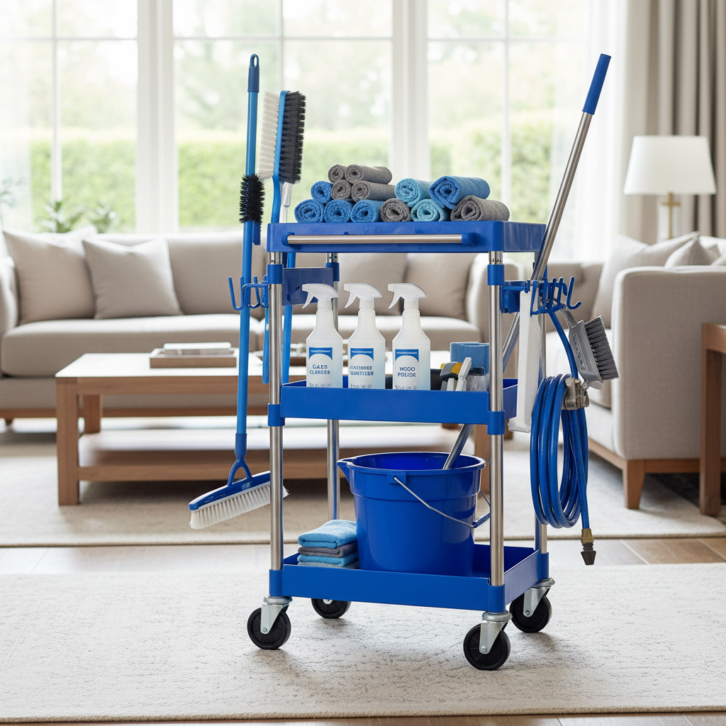 a well-organized cleaning cart with various brushes, microfiber cloths, and cleaning solutions, ready for professional u