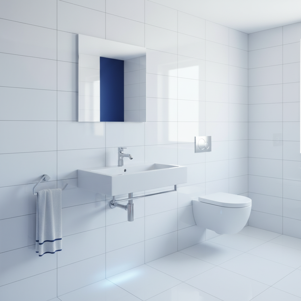 a clean, minimalist bathroom with sparkling white tiles and chrome fixtures, reflecting light, indicating thorough sanit