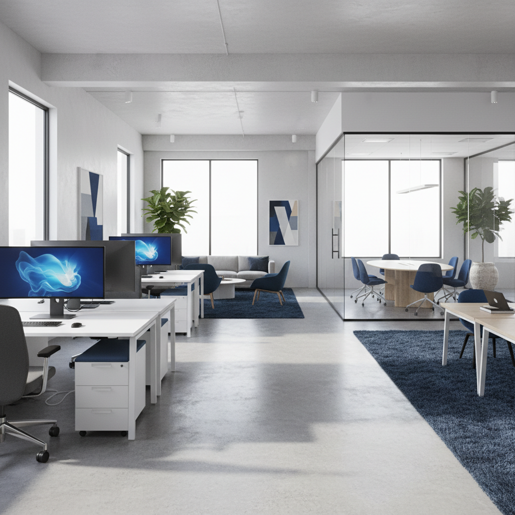 a modern office interior with contemporary furniture, sleek and organized, with sunlight streaming through large, clean
