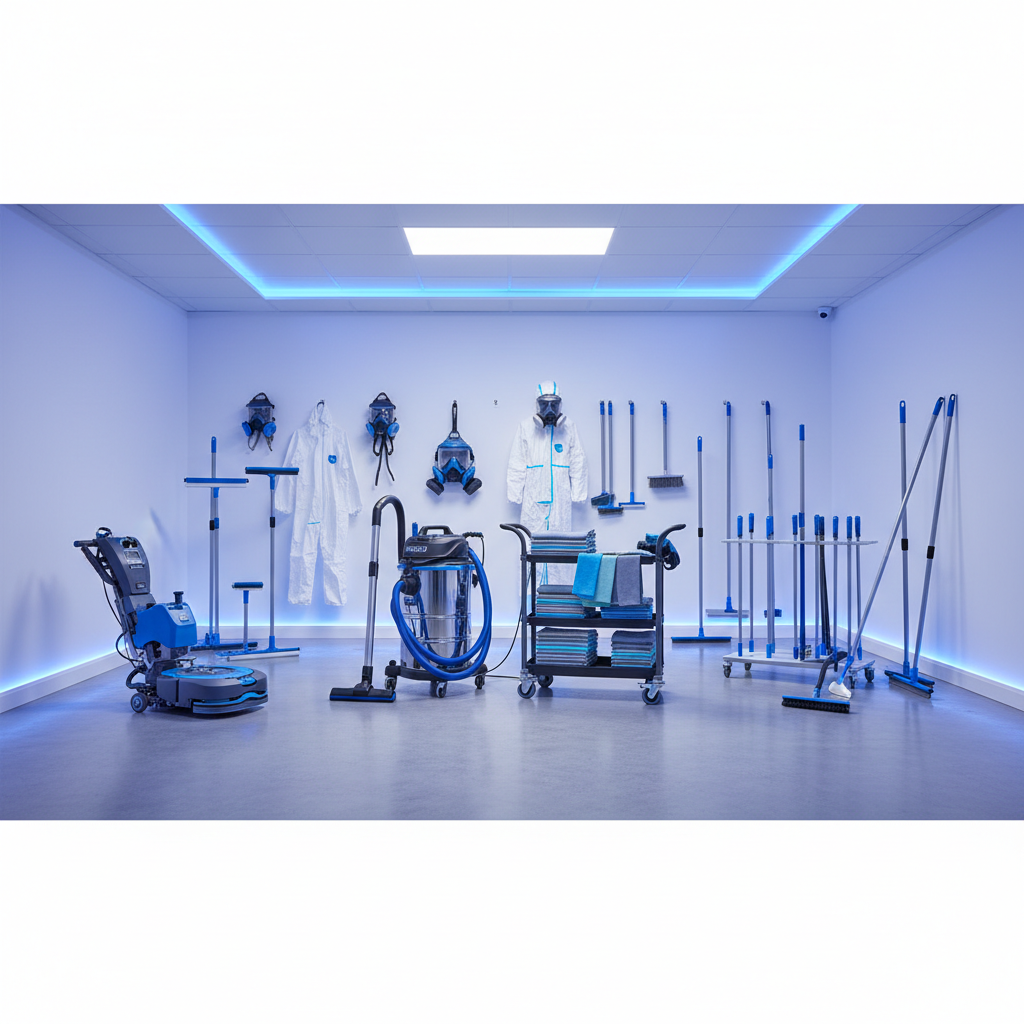 various specialized cleaning tools and equipment, such as HEPA vacuums, microfibre cloths, and protective gear, arranged