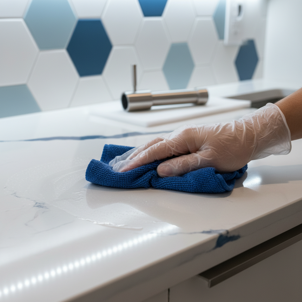 a close-up of a hand meticulously wiping down a newly installed, gleaming kitchen countertop with a microfibre cloth, sh