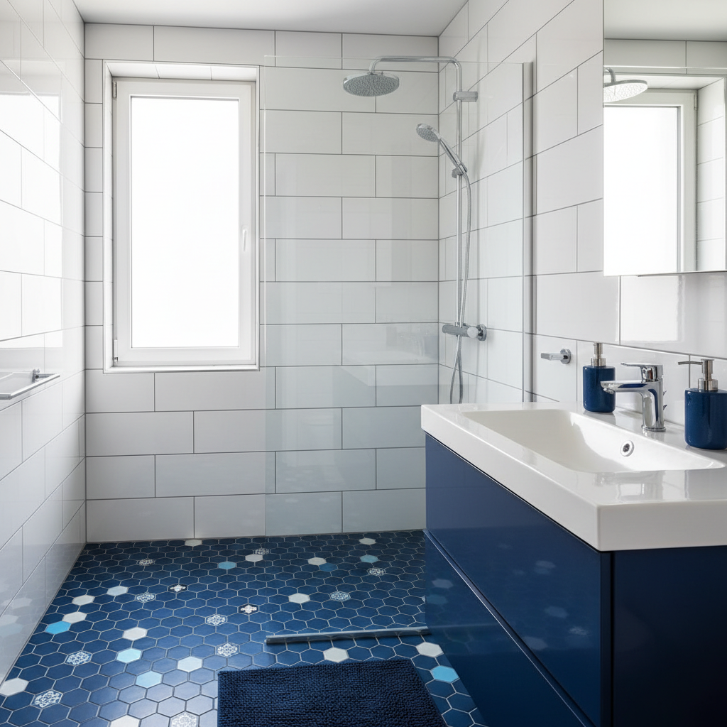 an impeccably clean bathroom after renovation, with gleaming tiles, polished chrome fixtures, and a clear glass shower s