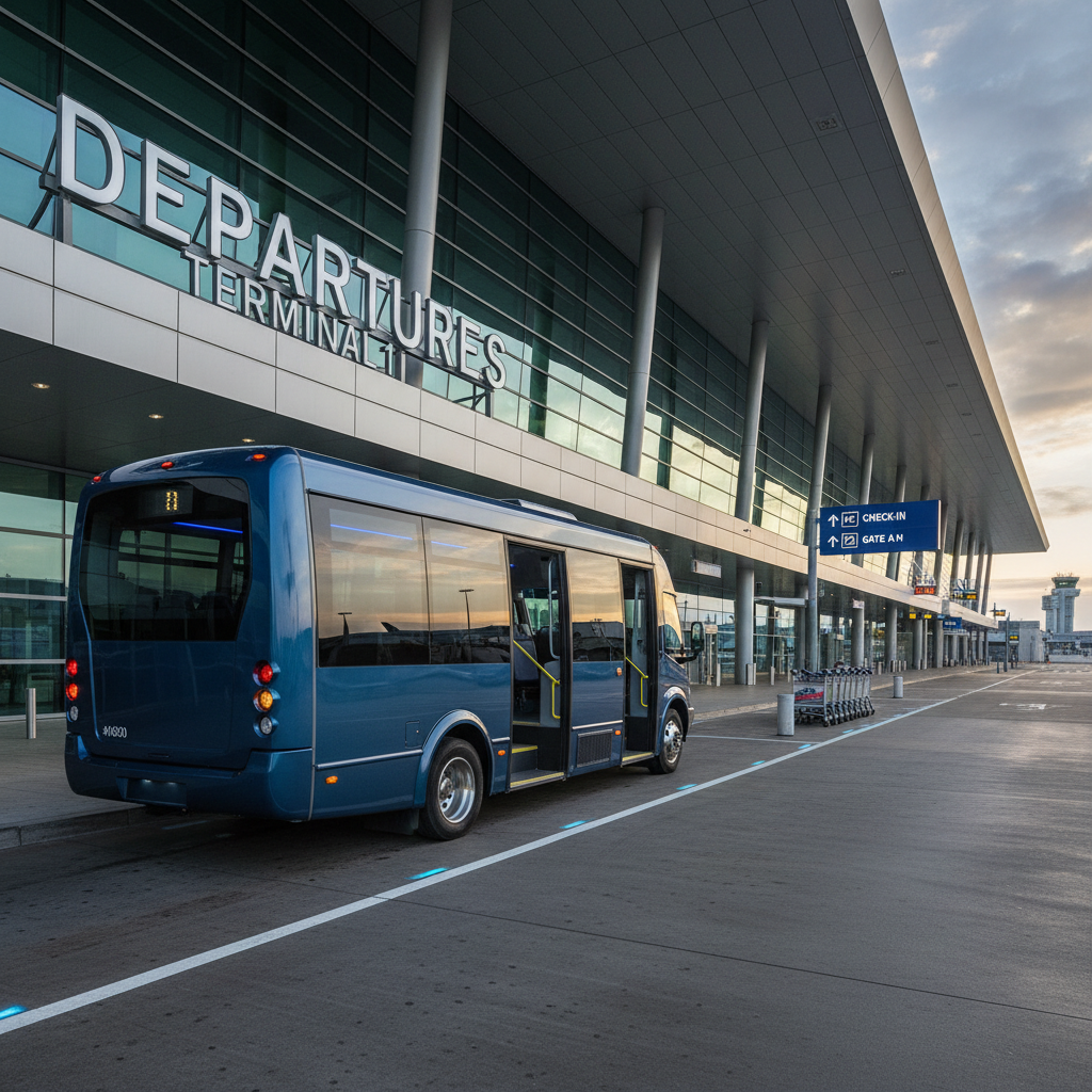a sleek, modern 13-seater minibus arriving at the departures entrance of a large airport, ready for passenger boarding. - group travel Changi Airport