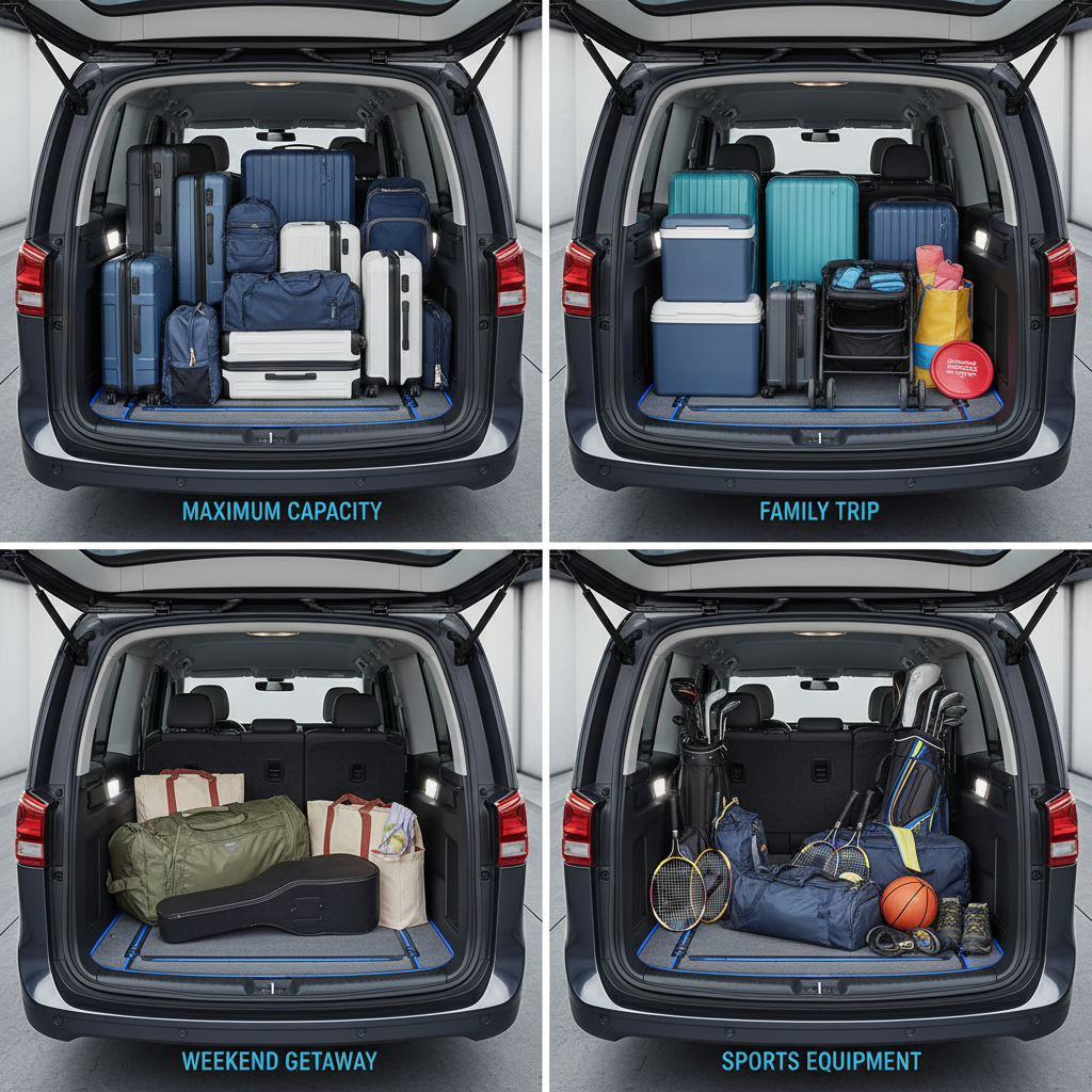 a detailed diagram illustrating various luggage configurations in the boot of a minivan, showing different numbers of su - group travel Changi Airport