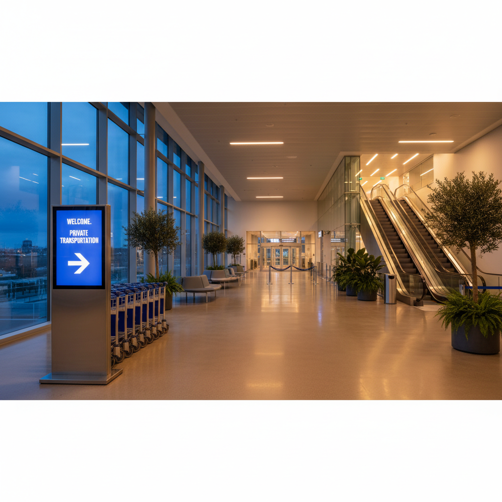 a warmly lit, welcoming airport arrivals hall with a professional driver holding a clear sign, ready to greet passengers - group travel Changi Airport