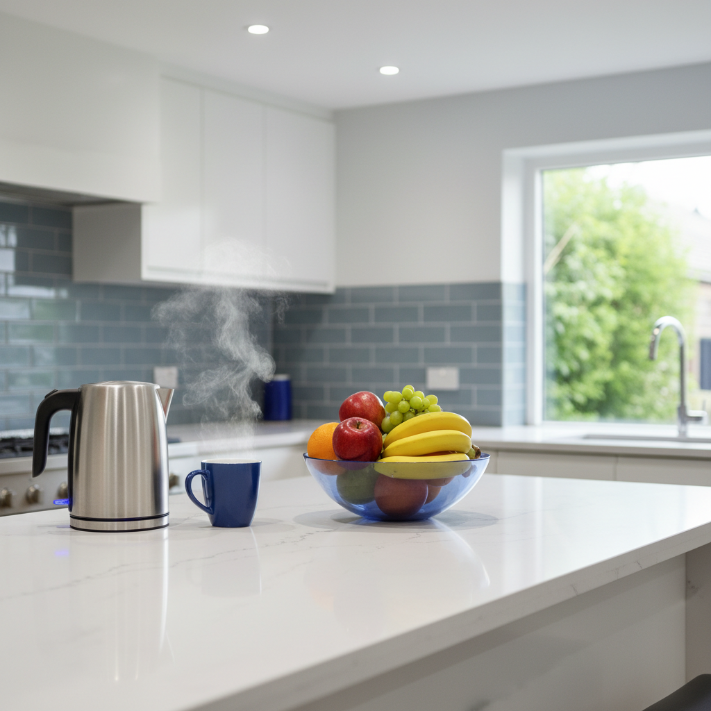 A modern kitchen countertop gleaming after being cleaned, with fresh fruit neatly arranged and steam rising from a kettl