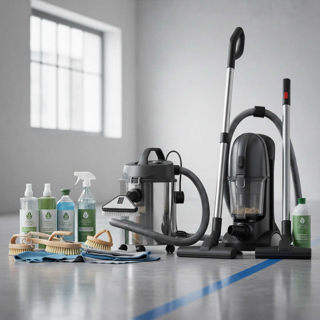 Close-up of professional cleaning equipment, including a steam cleaner, vacuum with attachments, and various eco-friendl
