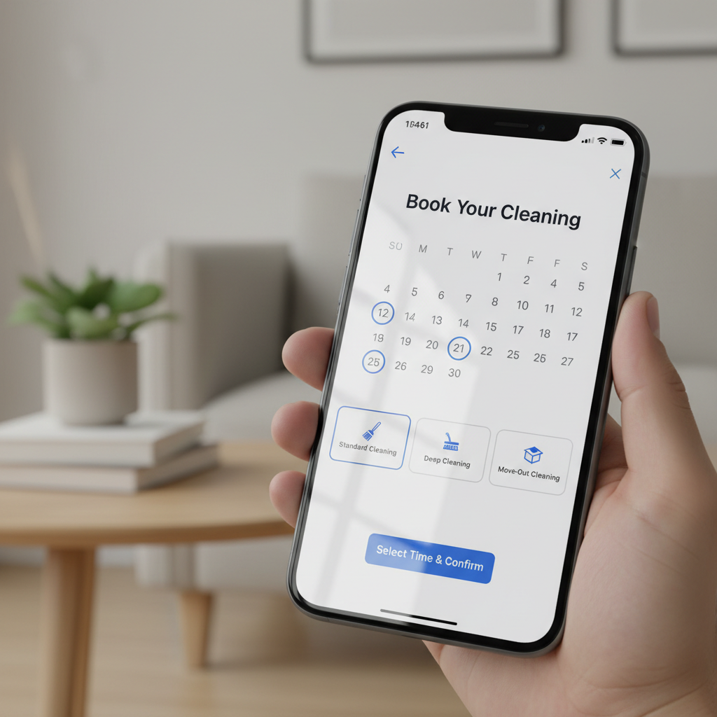 A smartphone screen displaying an online booking interface for a cleaning service, with visible calendar dates and servi