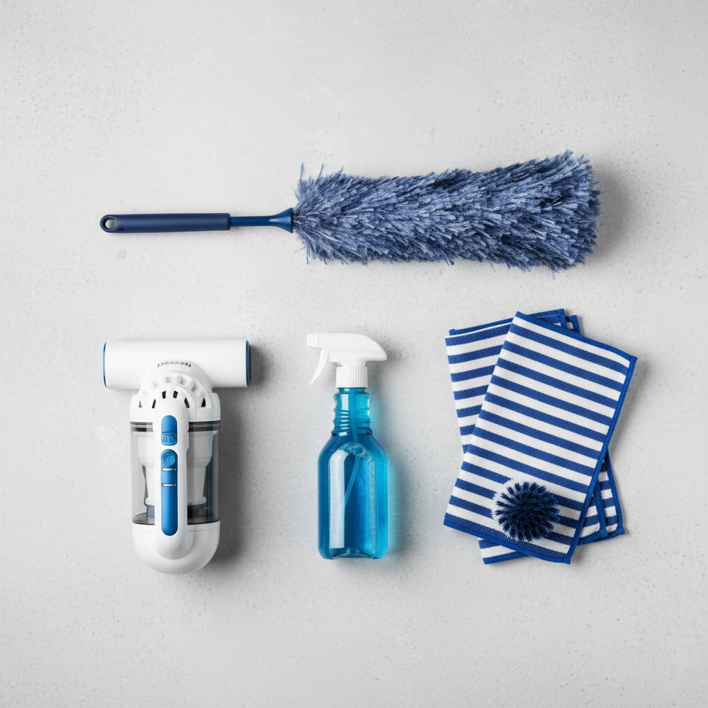a set of basic cleaning tools neatly arranged, including a duster, spray bottle, microfiber cloths, and a small vacuum c