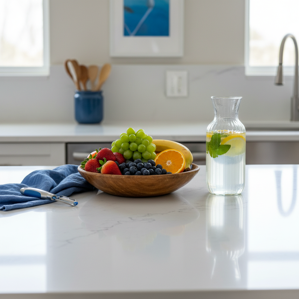 a sparkling clean kitchen countertop with fresh fruit, indicating a well-maintained and hygienic space. NO people.