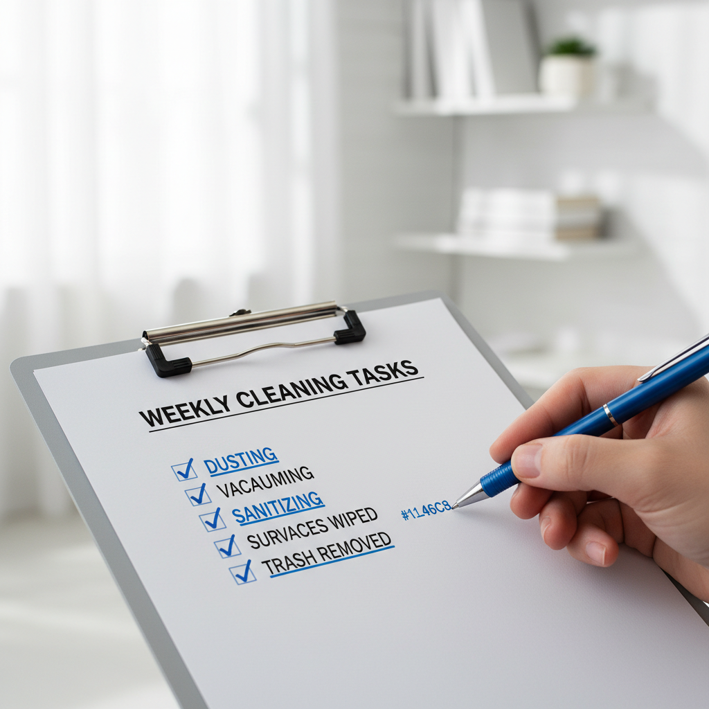 a checklist being reviewed with a pen, highlighting items like 'dusting', 'vacuuming', and 'sanitizing', set against a b