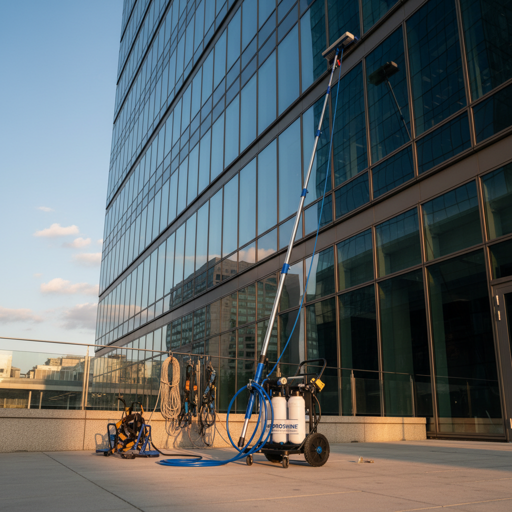 specialized window cleaning equipment, like a water-fed pole system or ropes for abseiling, against a backdrop of a mode