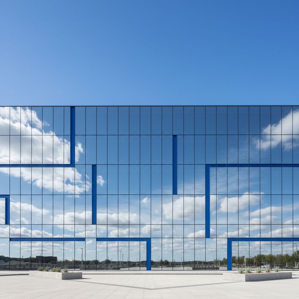 a modern office building facade with impeccably clean, reflective glass windows, showcasing blue sky and sharp architect