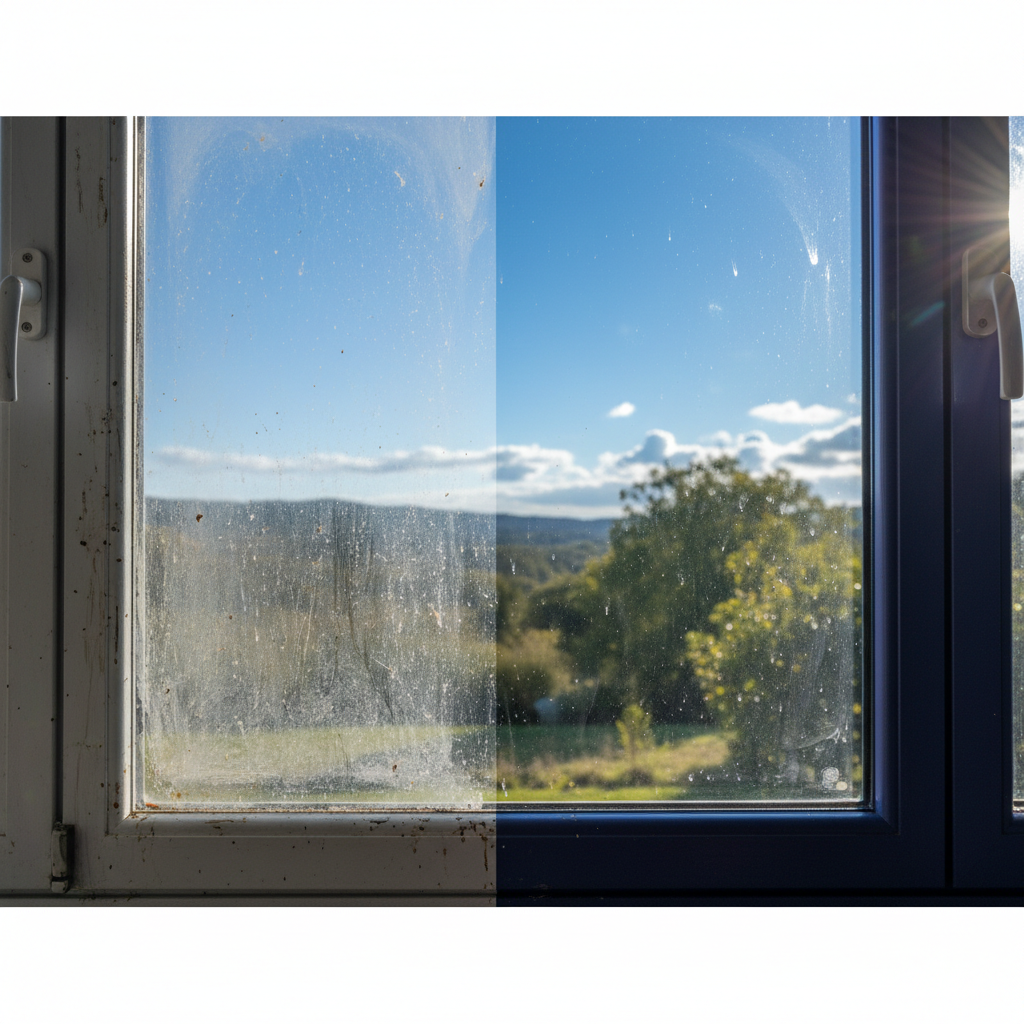 a close-up of a window showing a distinct 'before and after' effect, one half dirty and the other perfectly clean and sp