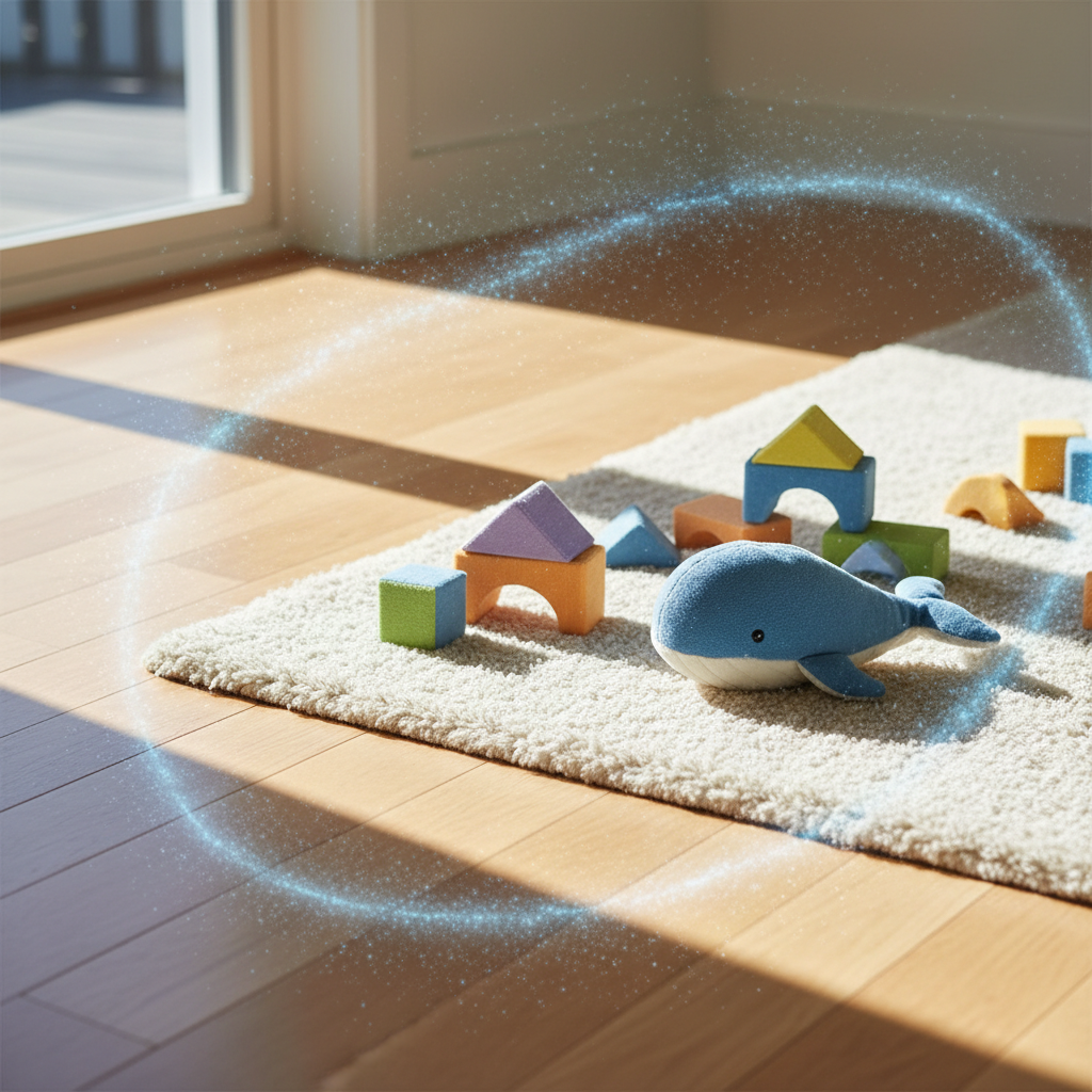 a close-up of a child playing on a clean floor with a soft rug, sunlight streaming in, no visible cleaning products but