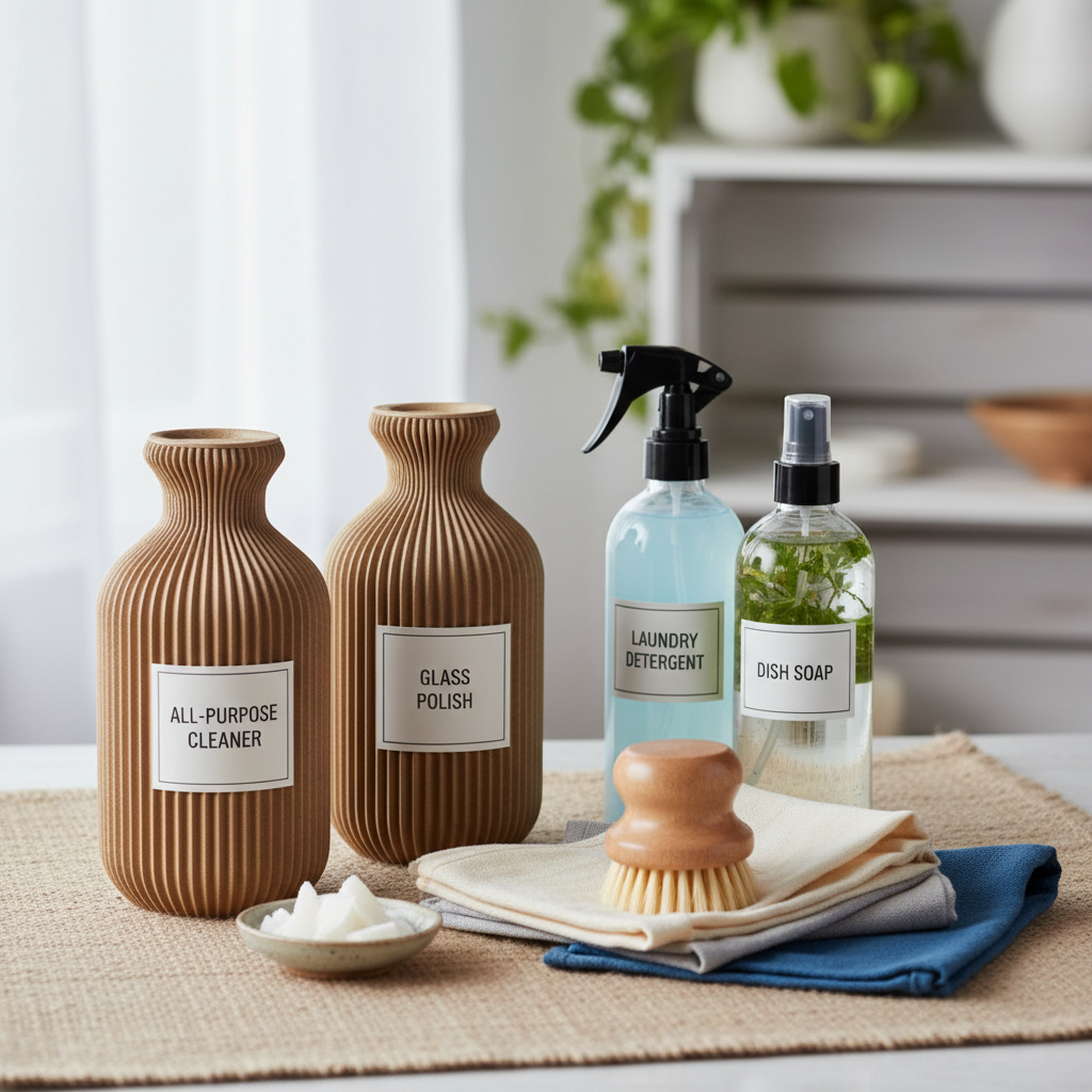 a collection of cleaning product bottles, some made of brown recycled paper, others clear glass with minimalist labels,