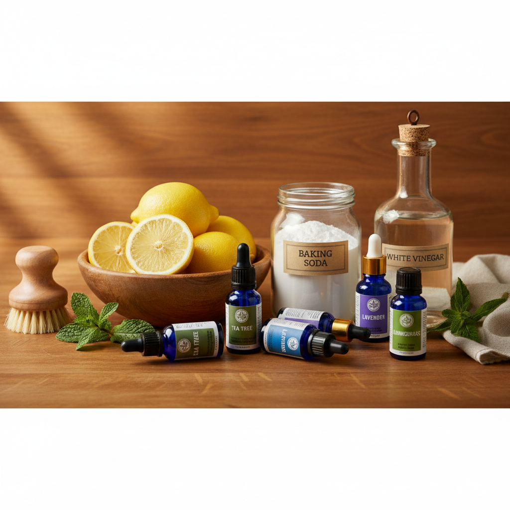 an array of natural cleaning ingredients like lemons, baking soda, white vinegar, and essential oil bottles arranged nea