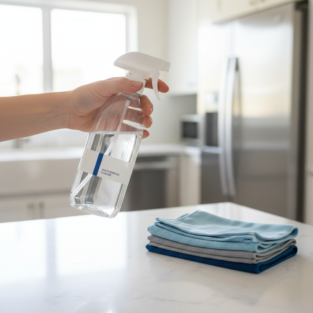 a hand holding a reusable spray bottle filled with a clear liquid, next to a stack of folded microfiber cloths, with a b