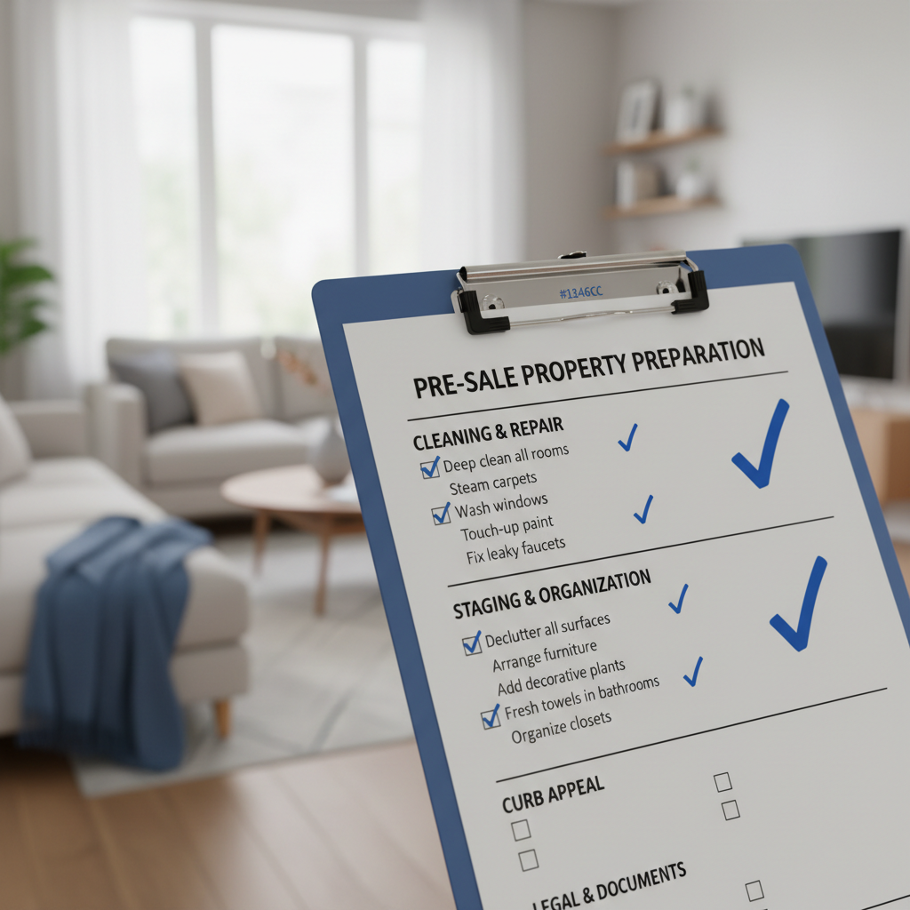 a checklist for pre-sale property preparation, with cleaning and staging items prominently checked off, set against a bl